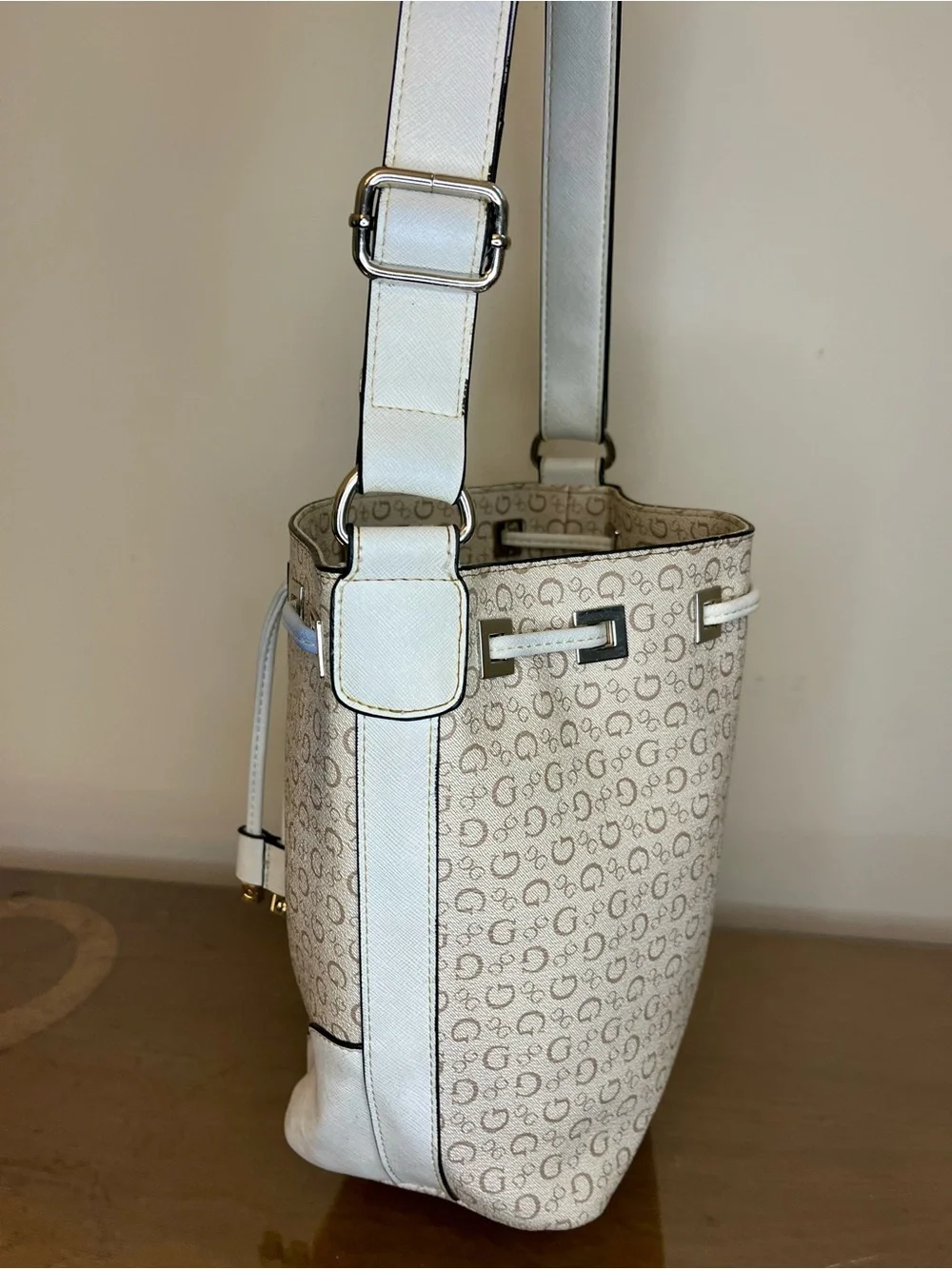 Guess Small Crossbody Bucket Bag, Monogram, Signature, Ivory, Coated, Adjustable